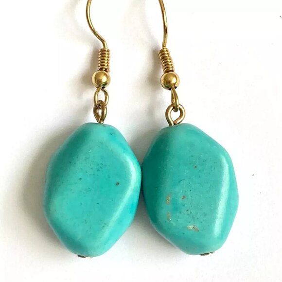Aqua Turquoise Stone Earrings Gold Plated Dangle Chunky Statement Southwestern - Picture 2 of 9